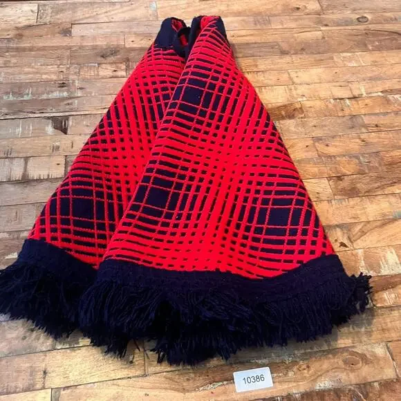 Poncho Cloak 26 x 59 in Knit Red and Blue Geometric Pattern Fringed Wool Blend - Picture 8 of 8